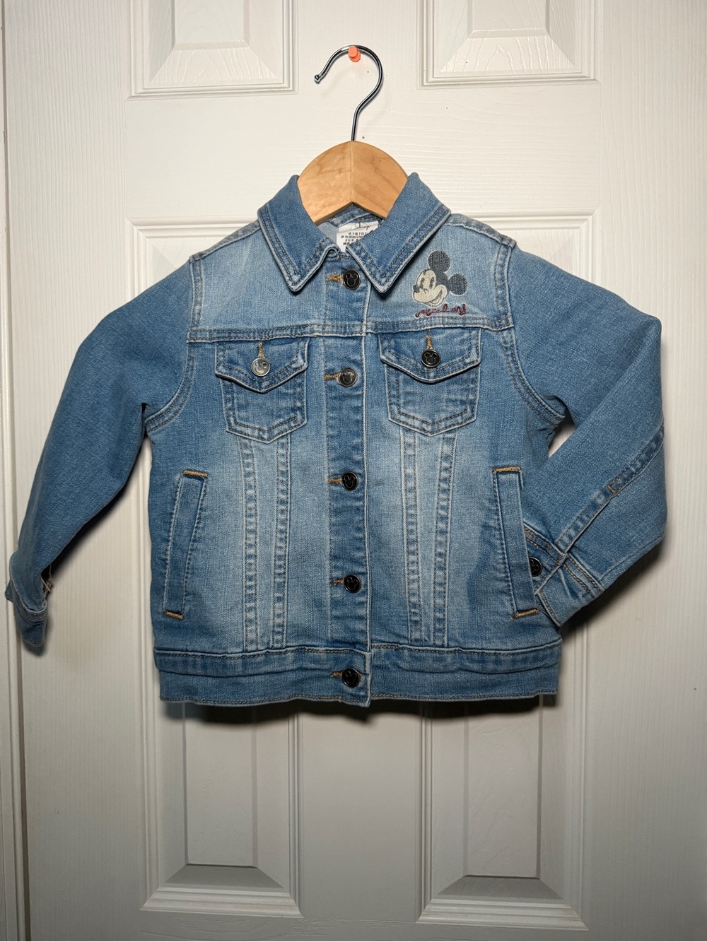 Disney Denim Mickey Embroidered Kids Jacket Mickey’s head on Buttons Sz 2
